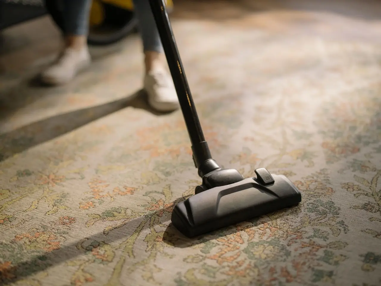 A carpet cleaning technician steam-cleaning a living-room carpet with a wand and hose